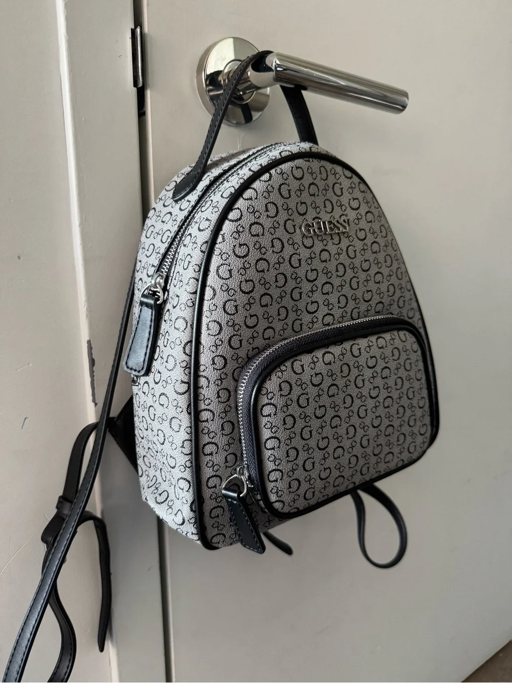 GUESS Gray Monogram Mini Backpack with Black Trim and Gold Logo
